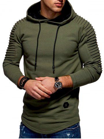 solid pleated sleeve hem curved long fleece hoodie