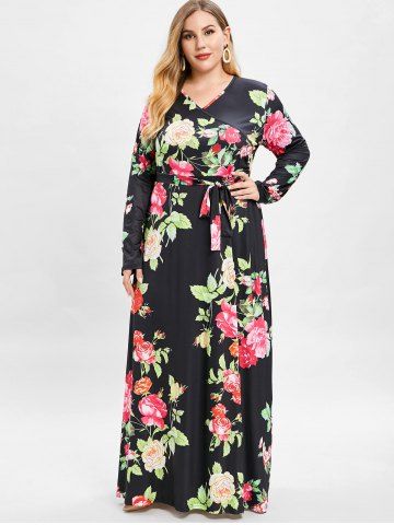 

Bohemian Floral Print Maxi Plus Size Dress, Black