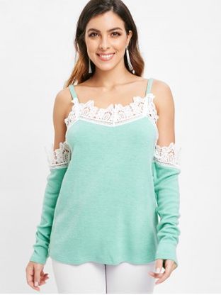 Lace Insert Cold Shoulder Sweater