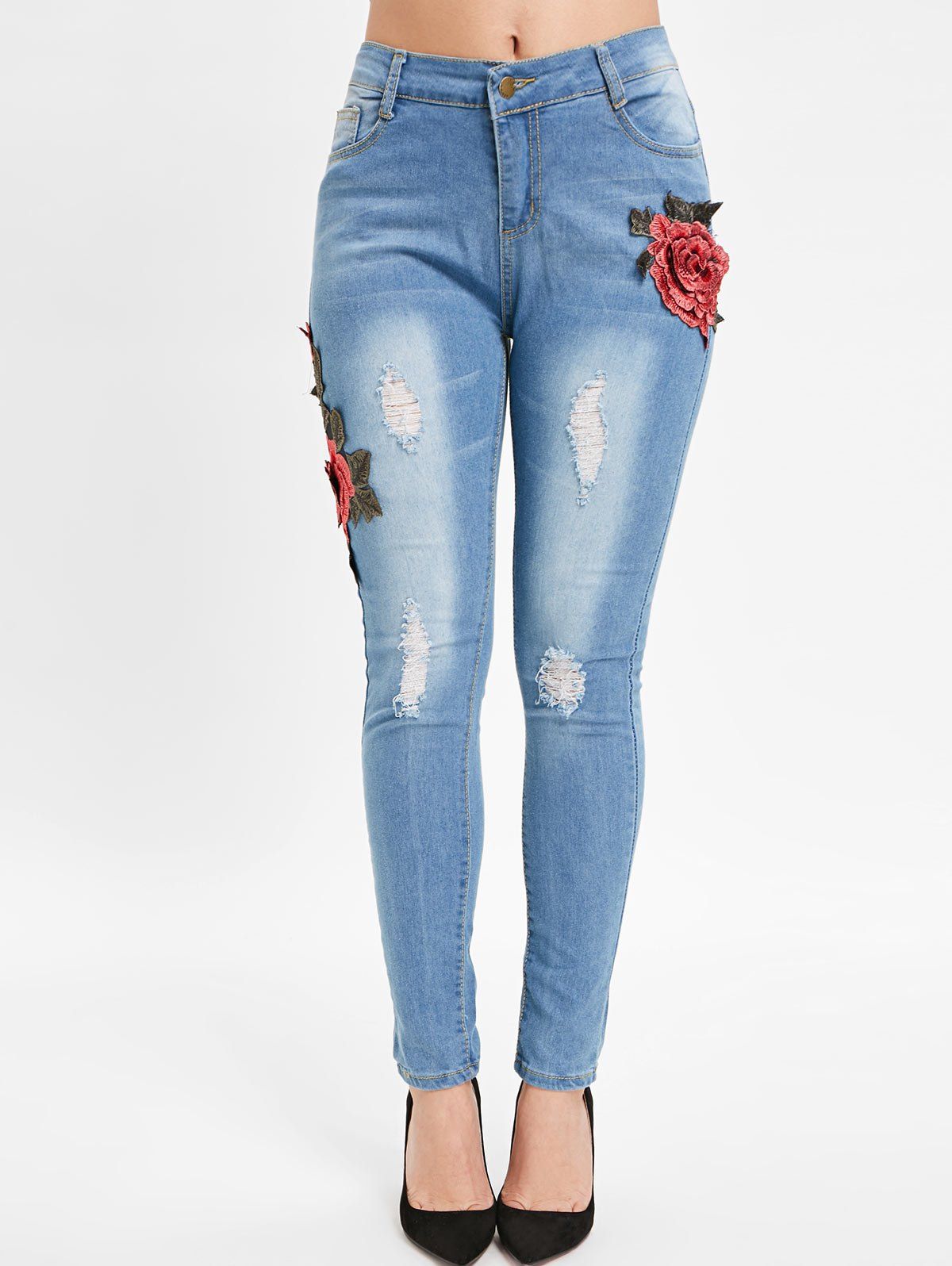 

Floral Embroidery Slim Distressed Jeans, Denim blue