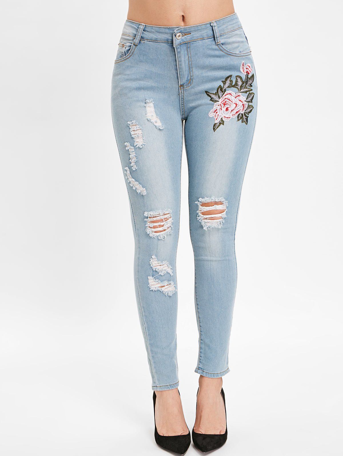 

Embroidered Slim Distressed Jeans, Denim blue