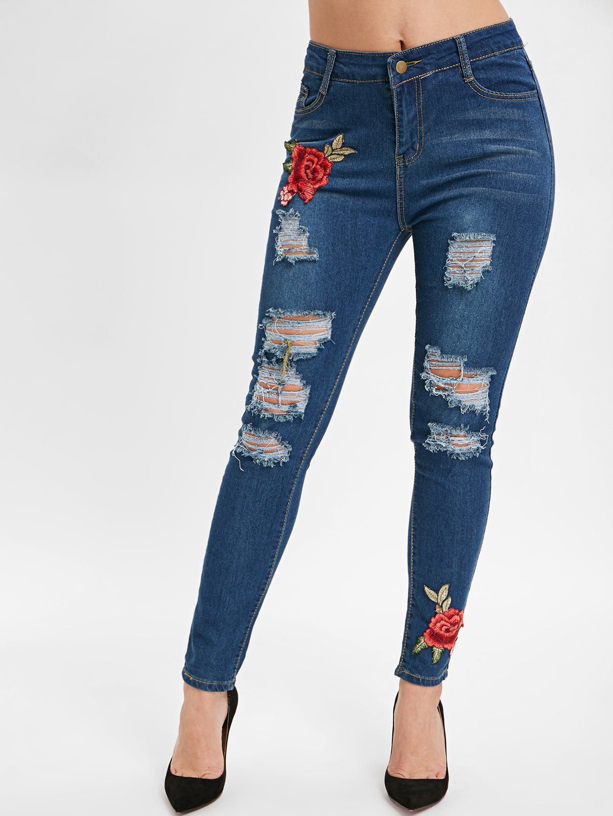 

Floral Embroidery Bodycon Ripped jeans, Denim dark blue