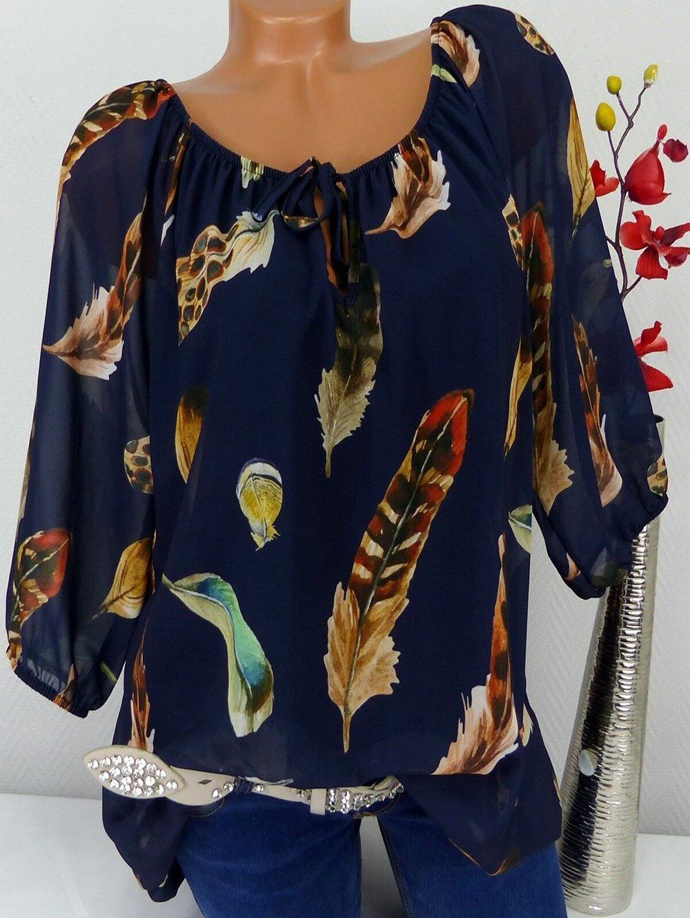 

Feather Print Plus Size Scoop Neck Blouse, Deep blue