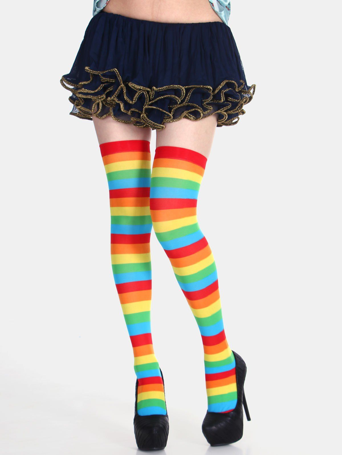 

Christmas Rainbow Striped Pattern Thigh High Socks, Multi