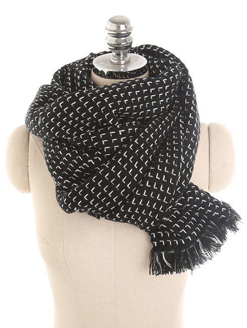 

Houndstooth Printing Fringed Long Scarf, Black