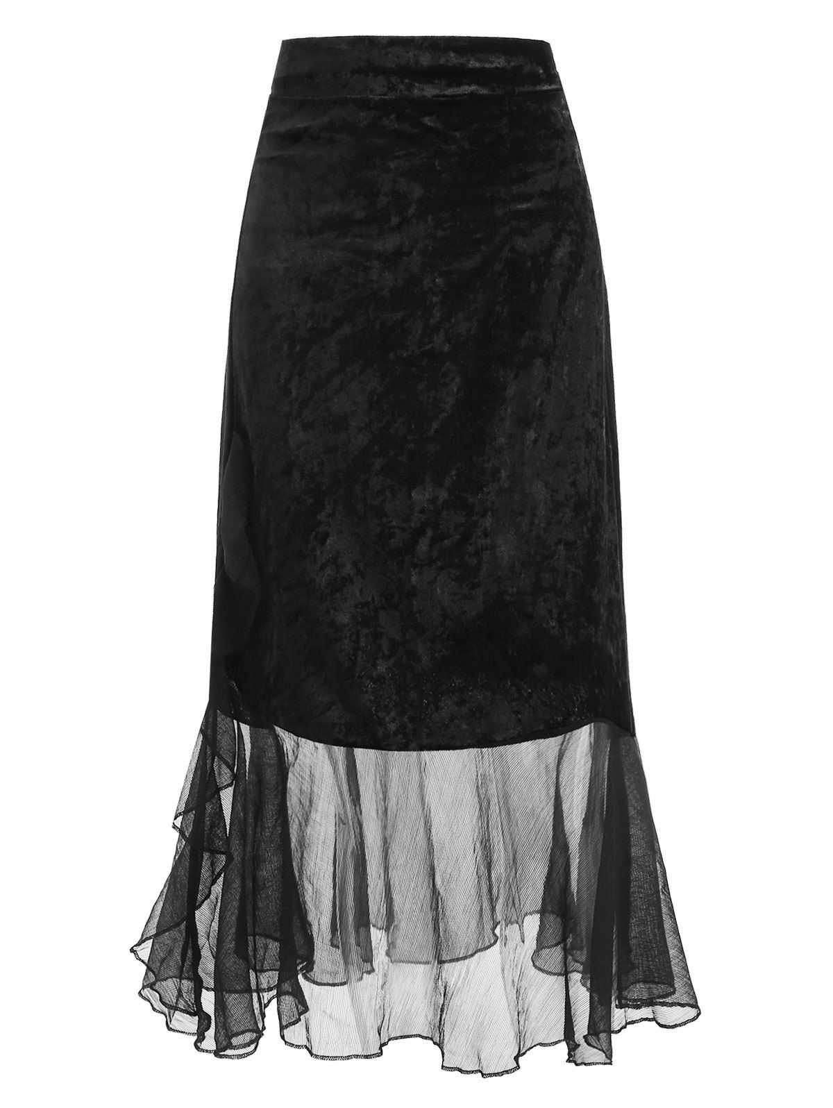 Tulle Insert Flounce Velvet Skirt, Black