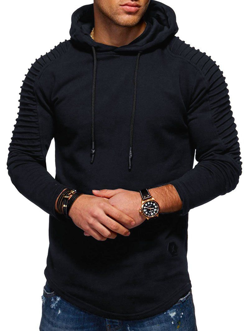 

Solid Pleated Sleeve Hem Curved Long Fleece Hoodie, Cadetblue