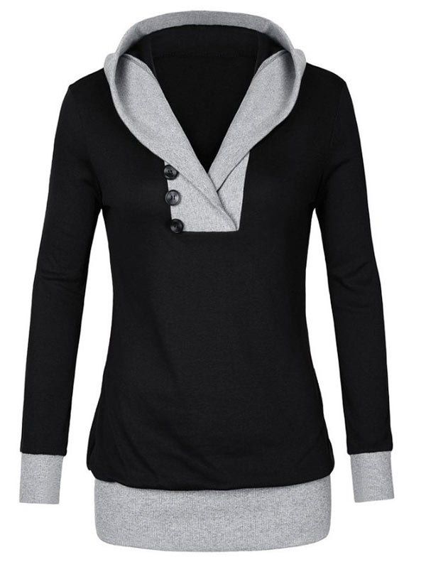 

Color Block Button Detail Hoodie, Black