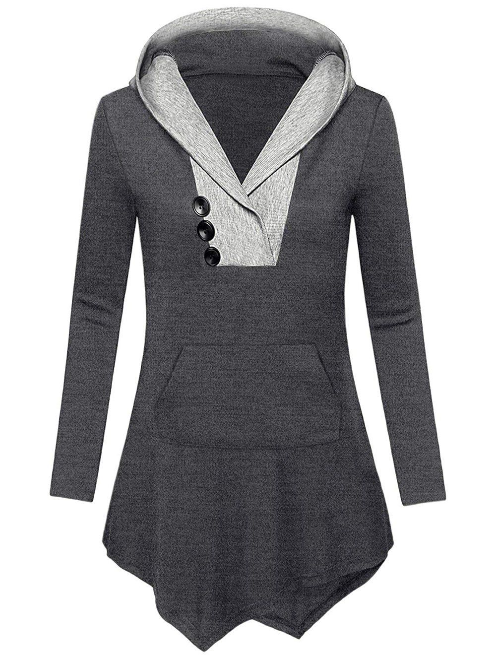 

Button Detail Asymmetrical Hooded T-shirt, Dark gray