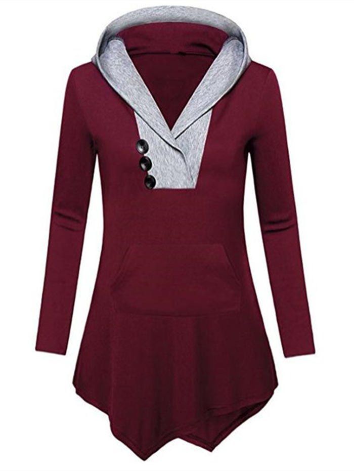 

Button Detail Asymmetrical Hooded T-shirt, Red wine