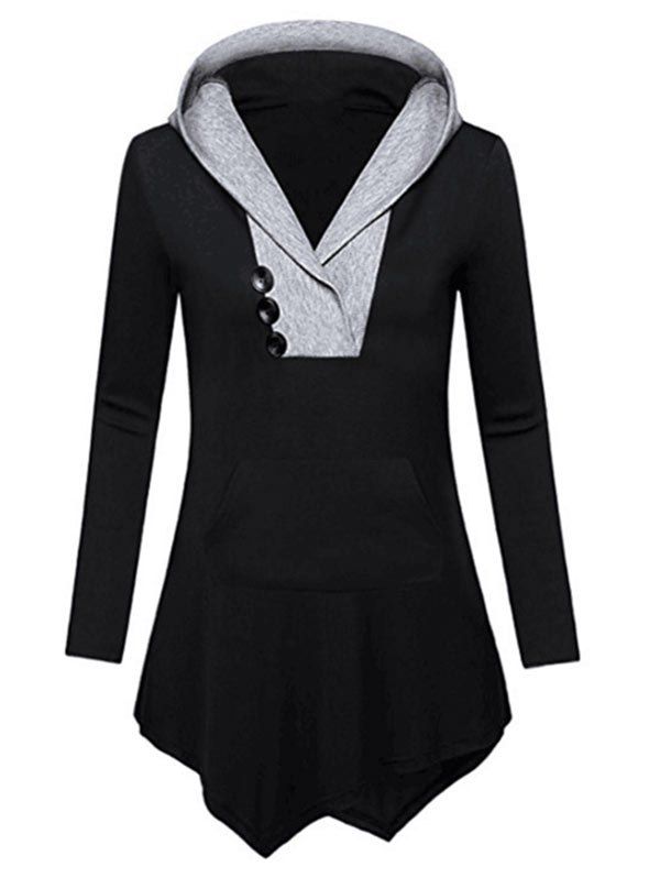 

Button Detail Asymmetrical Hooded T-shirt, Black