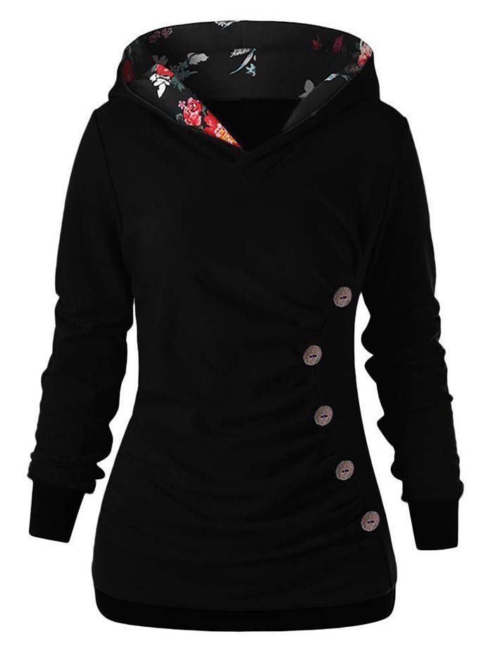 

Button Embellished Ruched Hoodie, Black