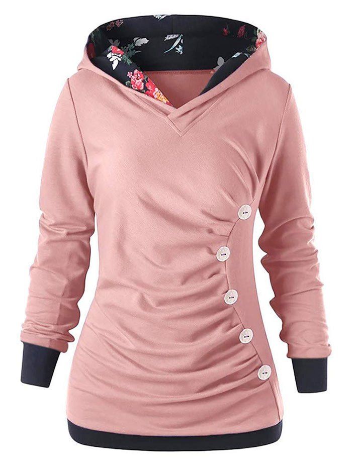 

Button Embellished Ruched Hoodie, Pink