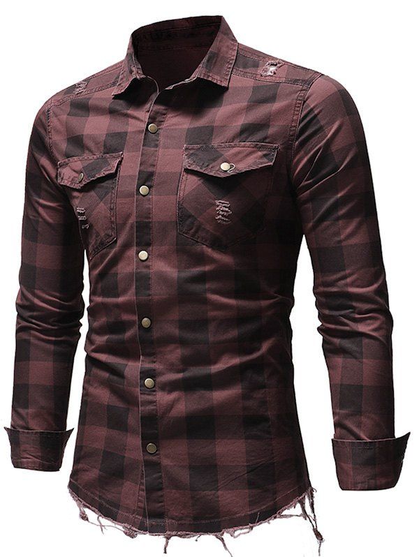 

Ripped Plaid Pattern Long Sleeves Shirt, Firebrick
