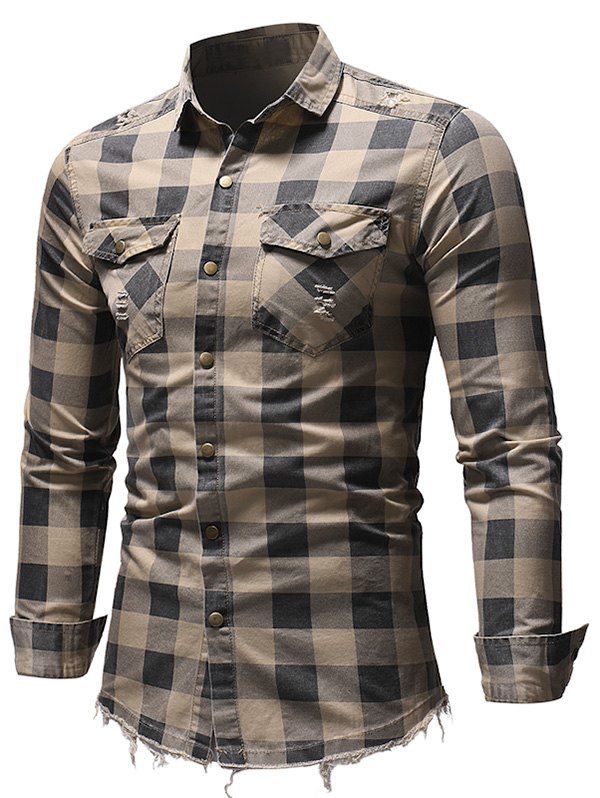 

Ripped Plaid Pattern Long Sleeves Shirt, Camel brown