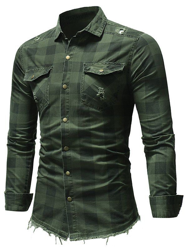 

Ripped Plaid Pattern Long Sleeves Shirt, Army green