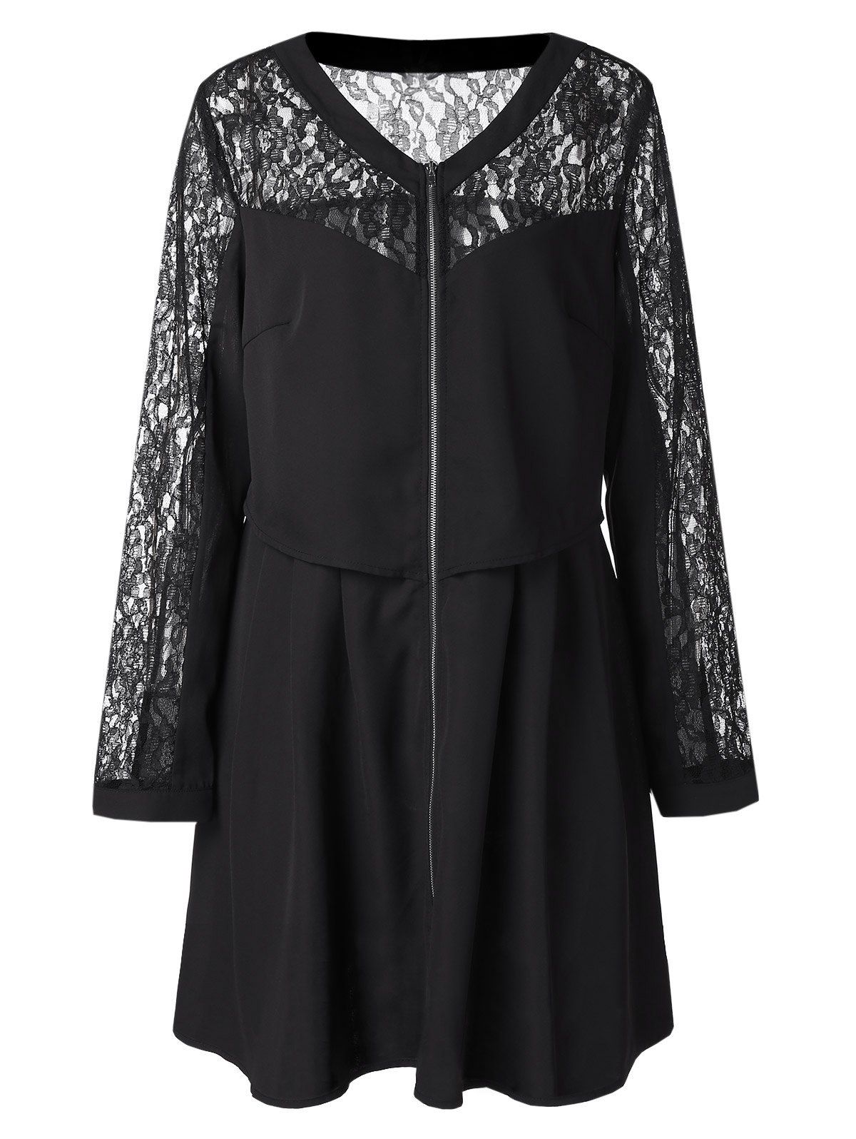 

Plus Size Zipper Lace Panel See Through Sleeve Long Blouse, Black