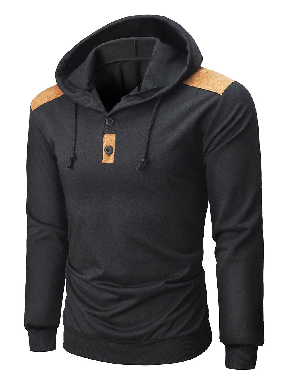 Suede Color Spliced Knitted Hoodie, Black