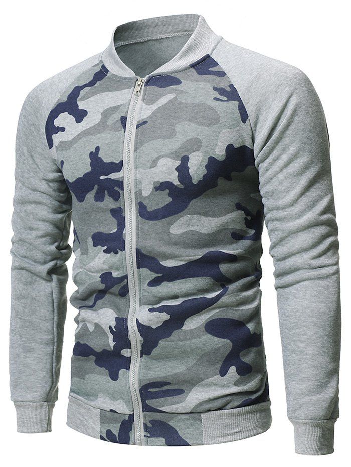 

Camouflage Printed Raglan Sleeve Zipper Jacket, Light gray