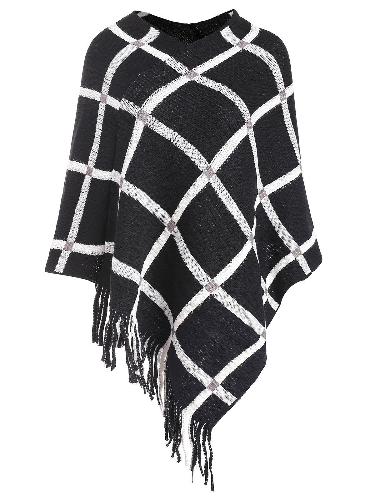 

Plaid Fringed Asymmetric Cape Sweater, Black