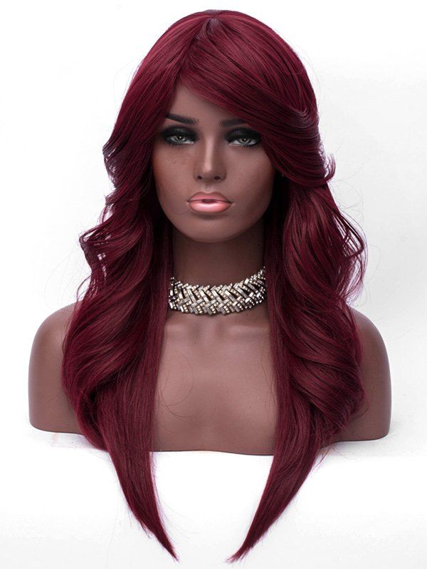 

Long Flip Inclined Bang Straight Synthetic Wig, Red wine