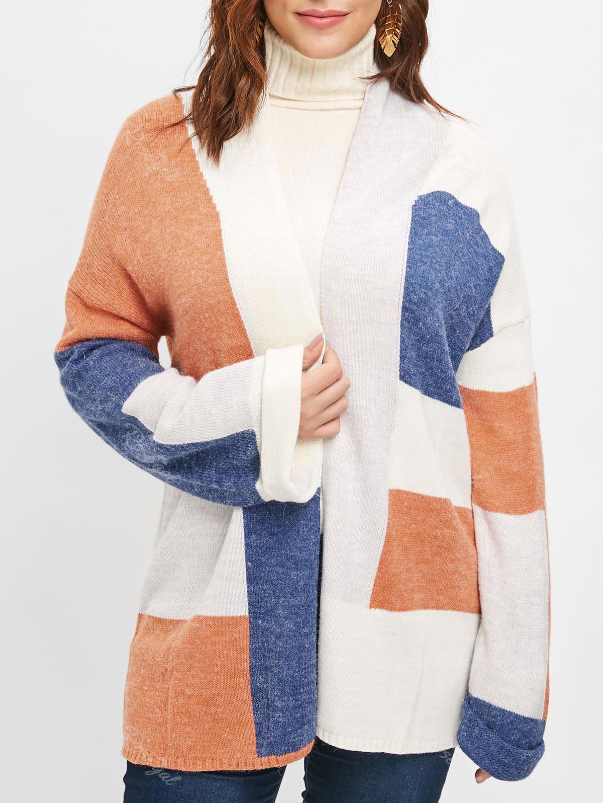 

Color Block Plus Size Drop Shoulder Cardigan, Khaki