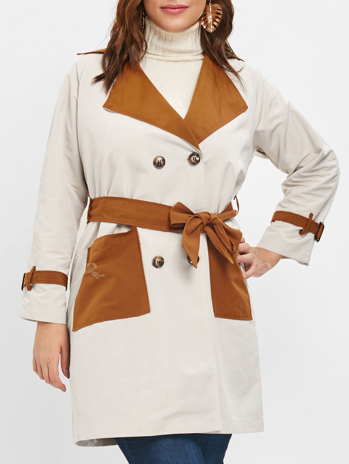 

Color Block Front Pockets Plus Size Coat, White