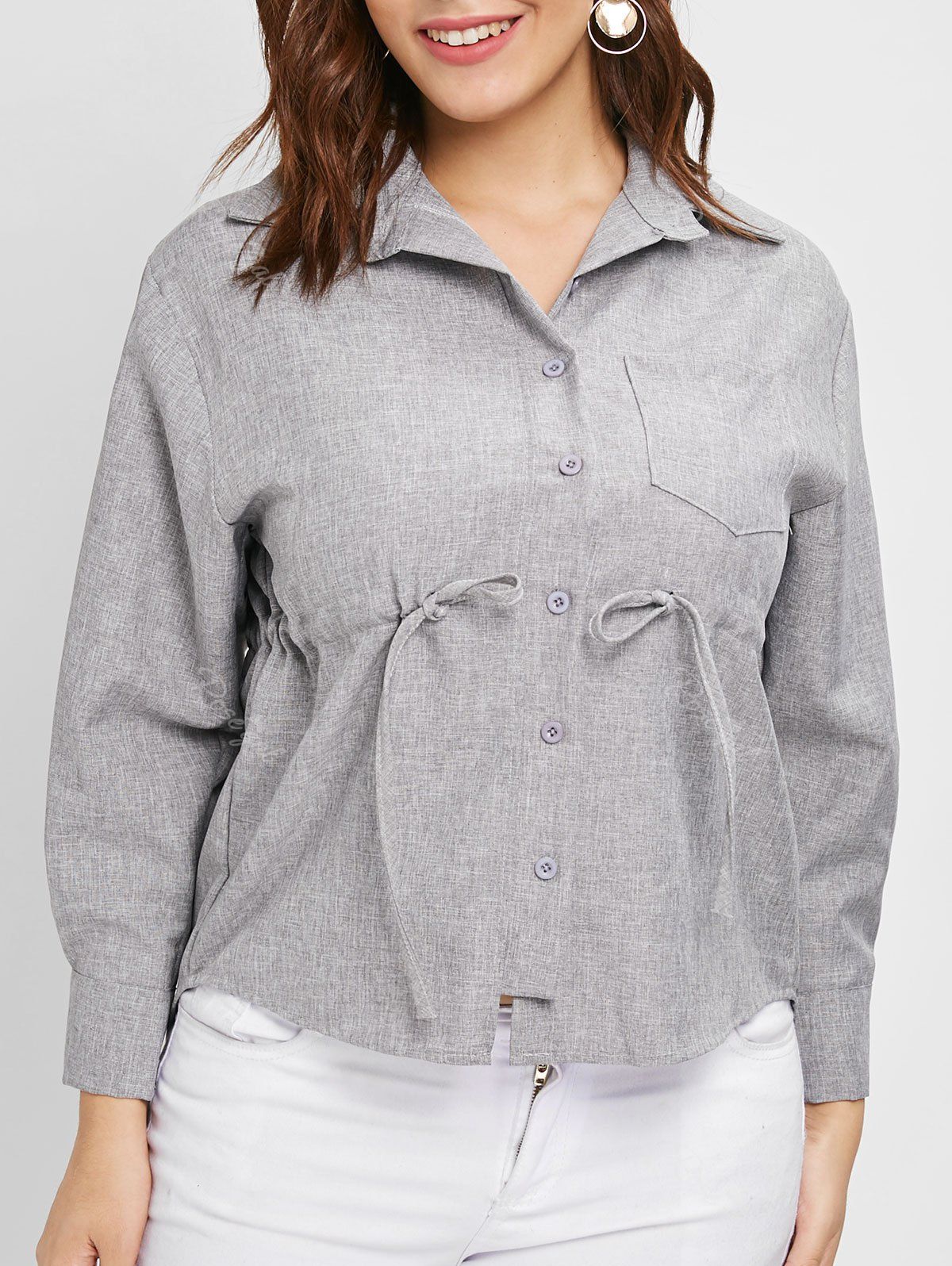 

Drawstring Waist Plus Size Drop Shoulder Shirt, Gray