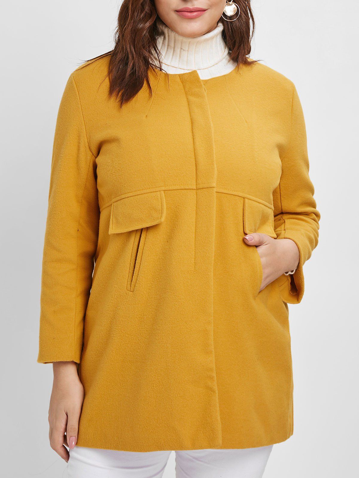 

Pockets Detail Plus Size Tunic Coat, Yellow