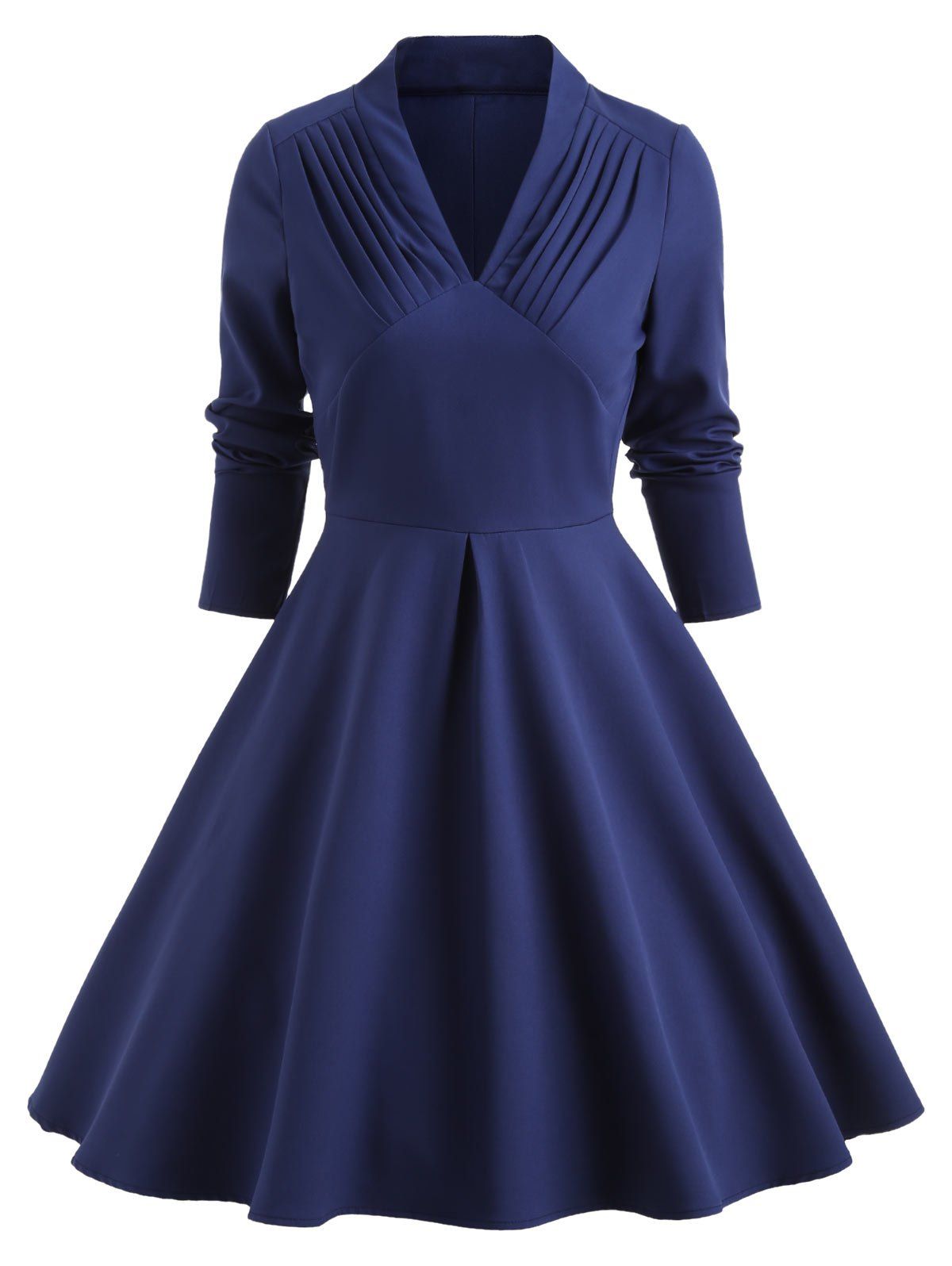 

Pleated Front Long Sleeve Swing Dress, Deep blue