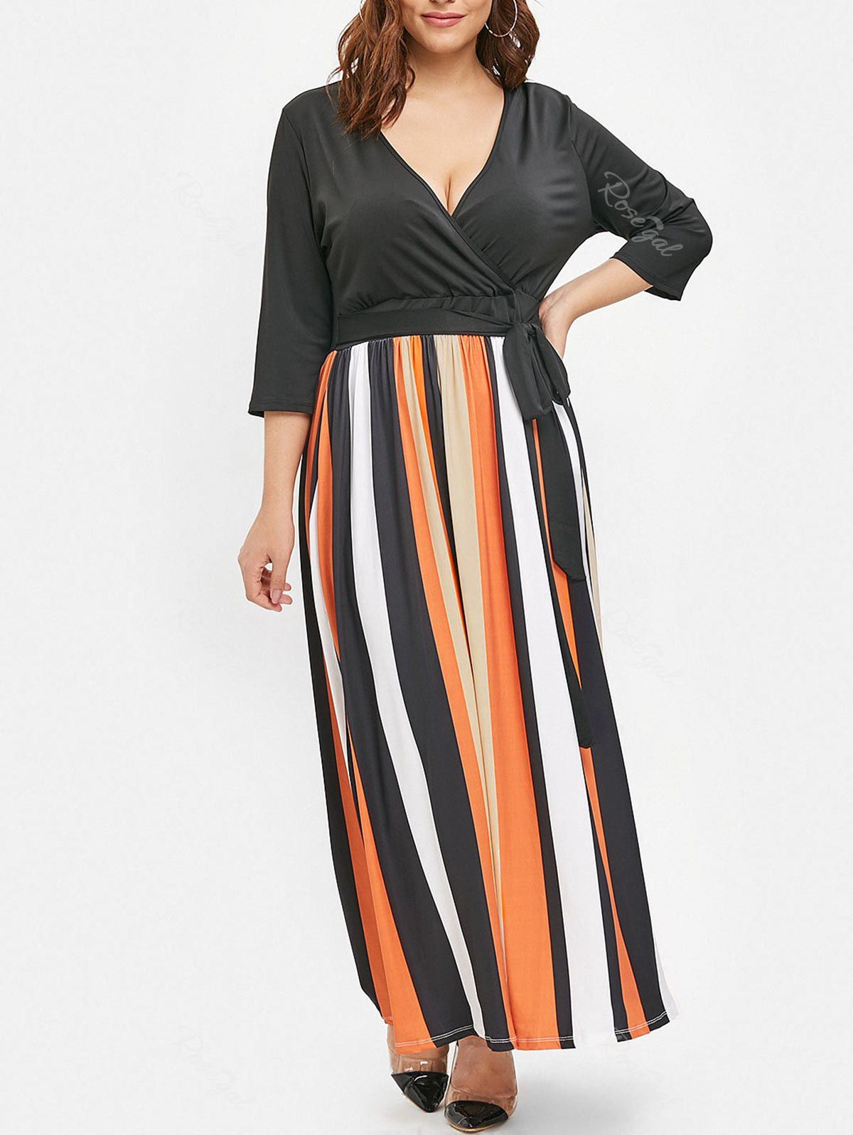 

Plus Size Striped Panel Ankle Length Dress, Orange