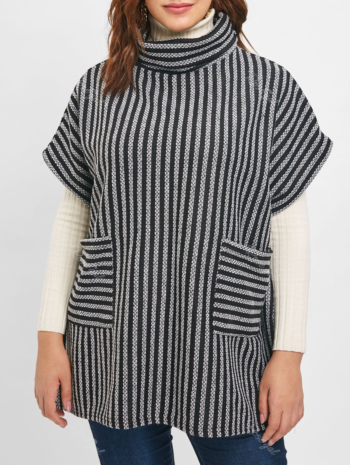 

Plus Size Turtleneck Contrast Sweater with Pockets, Black
