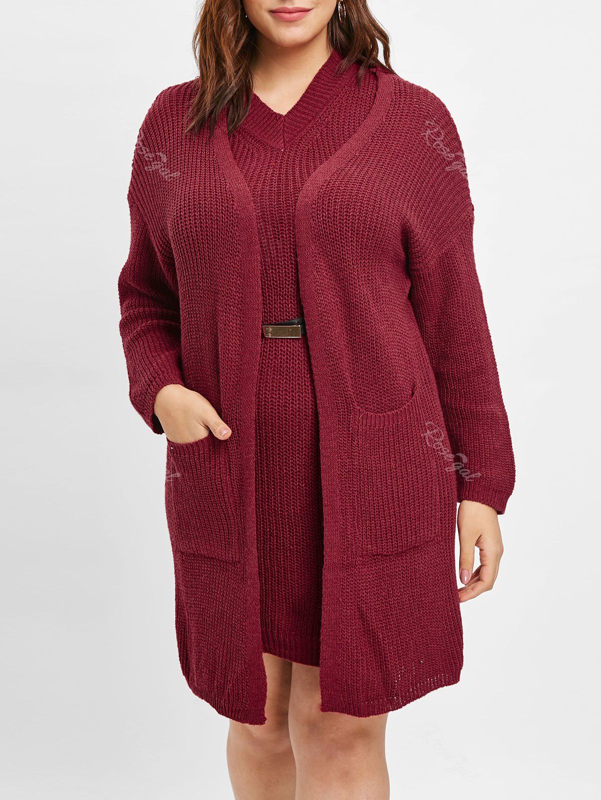

Plus Size Pockets Long Cardigan with Sleeveless Dress, Red wine