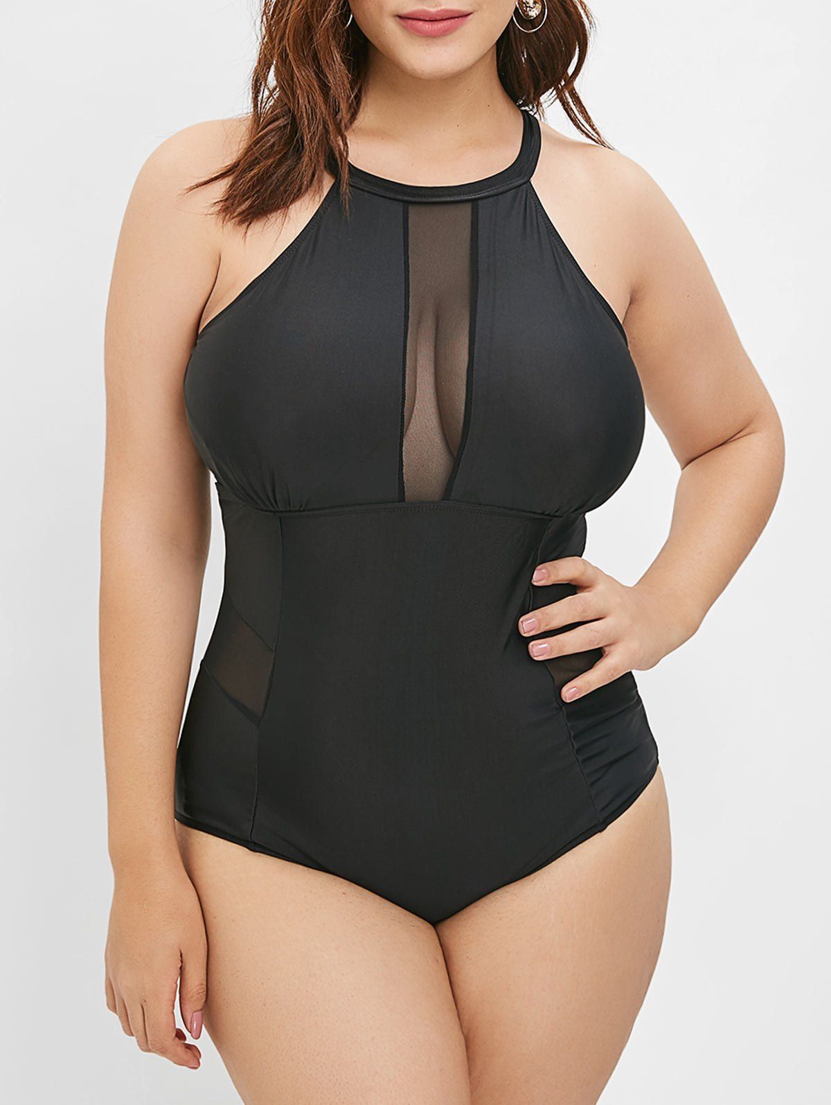 

Mesh Panel Plus Size Round Neck Swimwear, Black