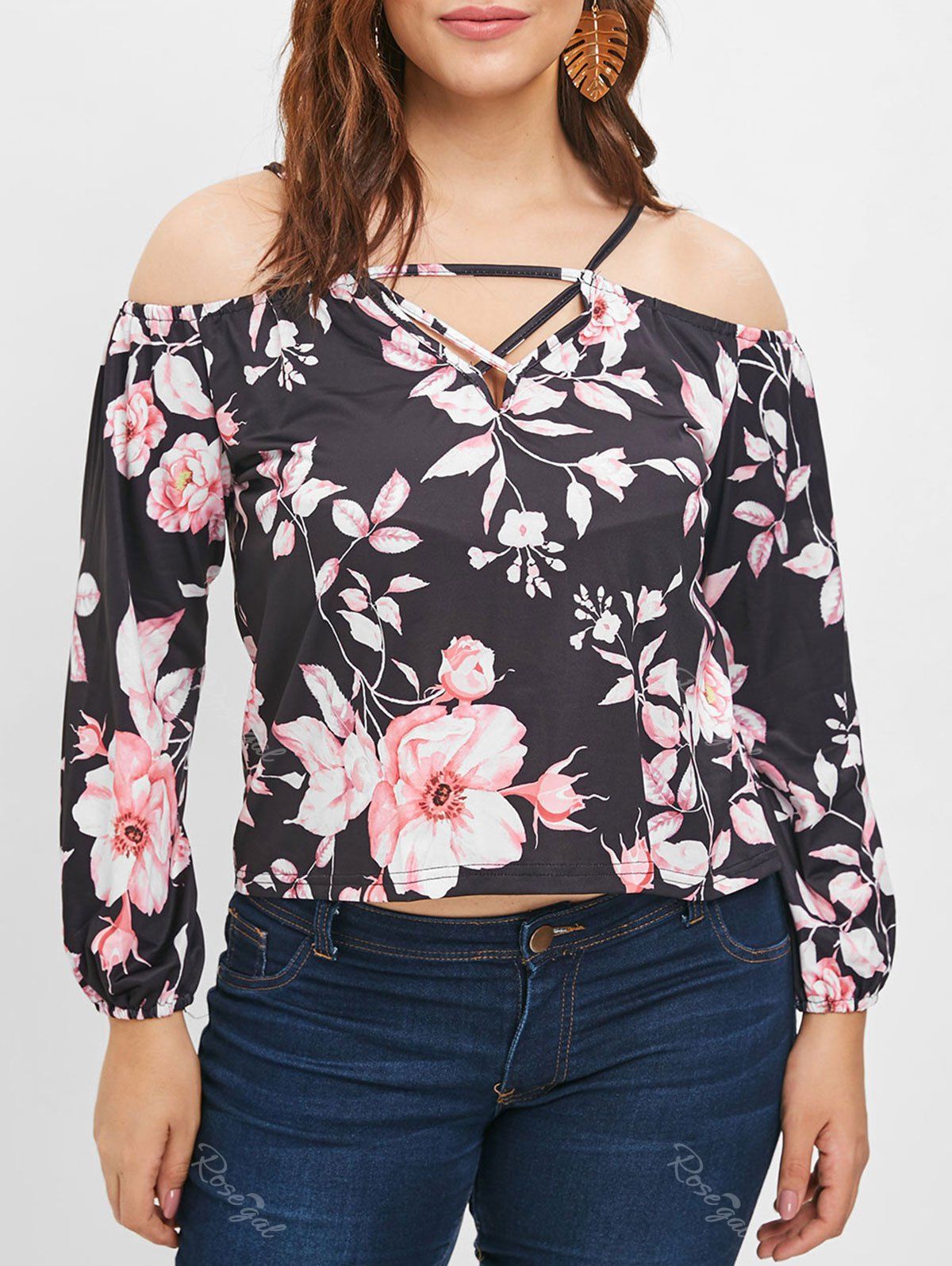 

Plunging Neck Plus Size Floral Print Blouse, Black