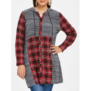 

Plus Size Hooded Drawstring Plaid Marled Shirt, Multi