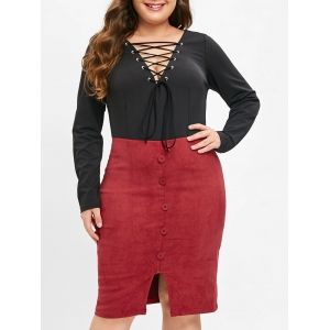 

Plus Size Long Sleeves Bodycon Dress with Lace Up, Multi