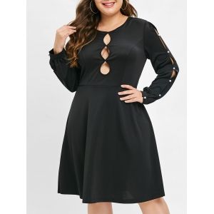 

Plus Size Long Sleeves Cutout Flare Dress, Black