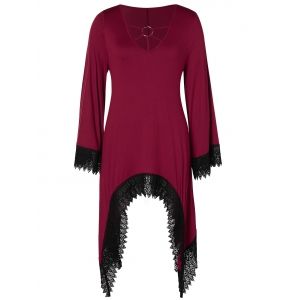 

Plus Size Long Sleeve Ring Lace Panel Asymmetrical T-shirt, Rose red