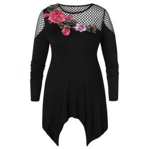 

Plus Size Embroidery Hollow Out Irregular T-shirt, Black