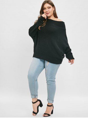 

Skew Neck Plus Size Long Sleeve Pullover Sweater, Black