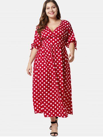 

Plus Size Polka Dot Plunging Surplice Dress, Red