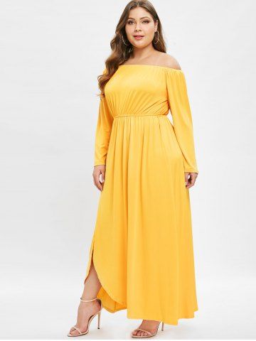 

Plus Size Asymmetric Slit Off Shoulder Maxi Dress, Yellow