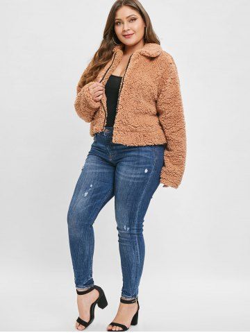 

Plus Size Zip Up Sherpa Coat, Camel brown