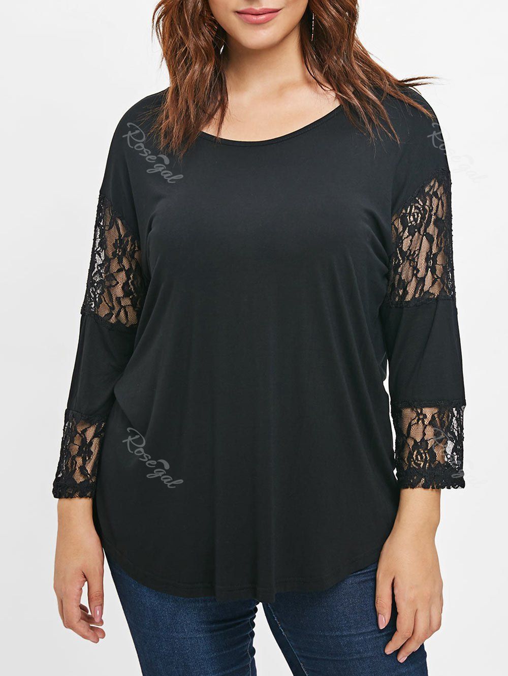 Plus Size Drop Shoulder Tee with Lace Panel, Black