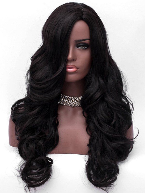 

Side Parting Capless Long Wavy Synthetic Wig, Natural black