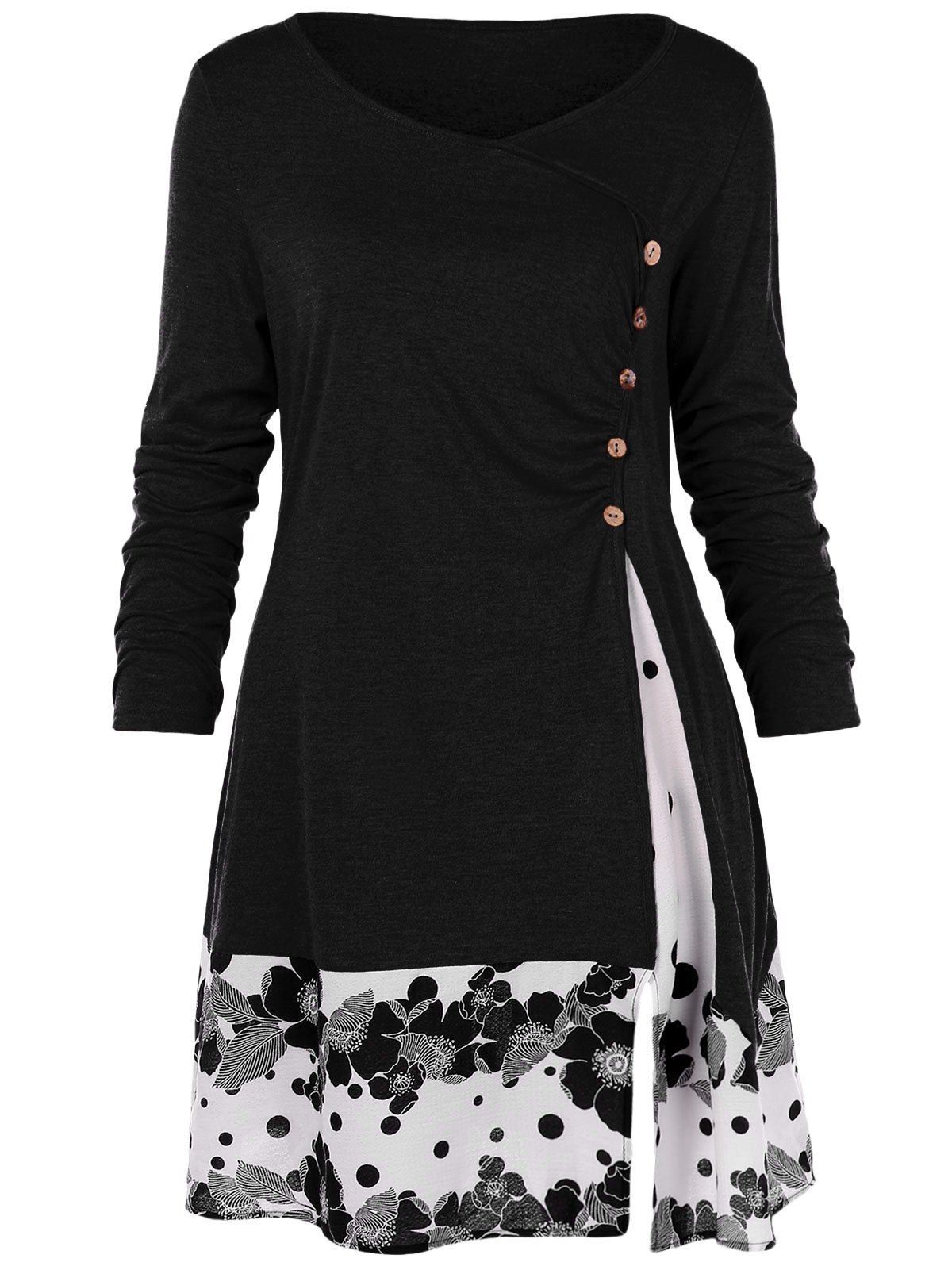 

Plus Size Draped Floral Long Tunic Tee, Black