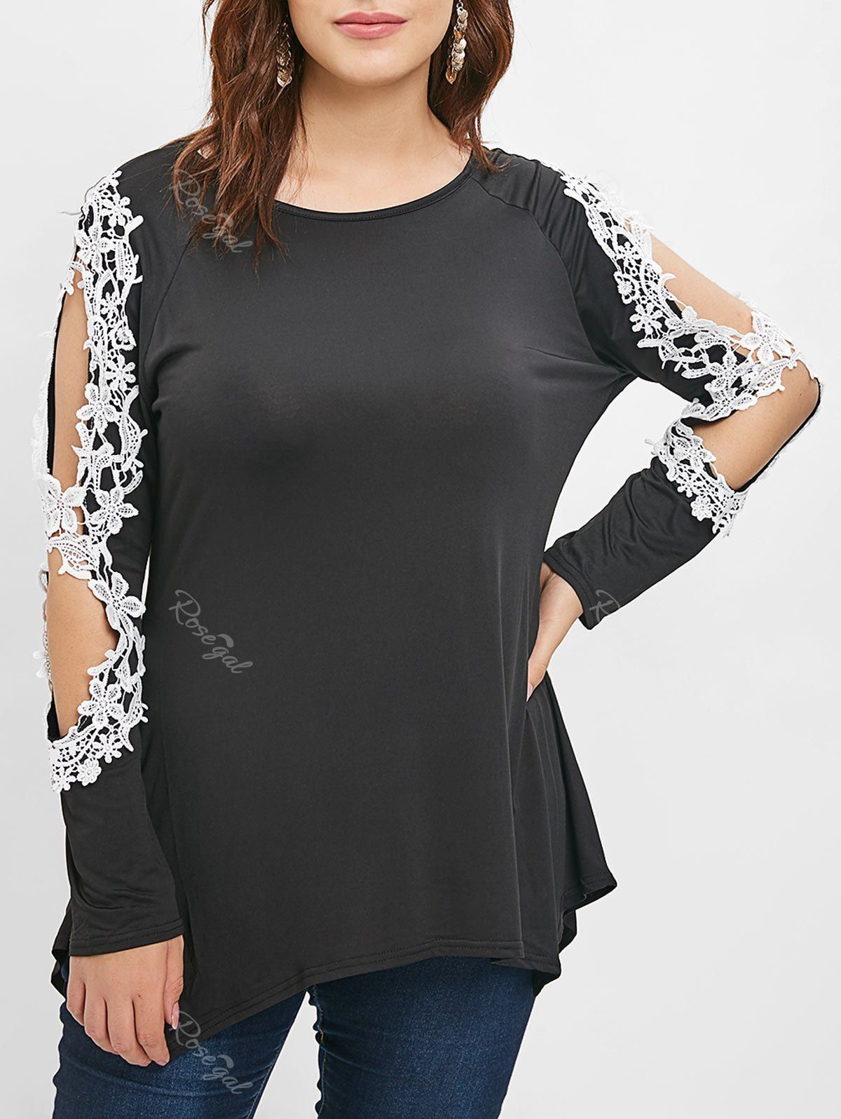 

Plus Size Cutout Lace Panel Contrast Tee, Black