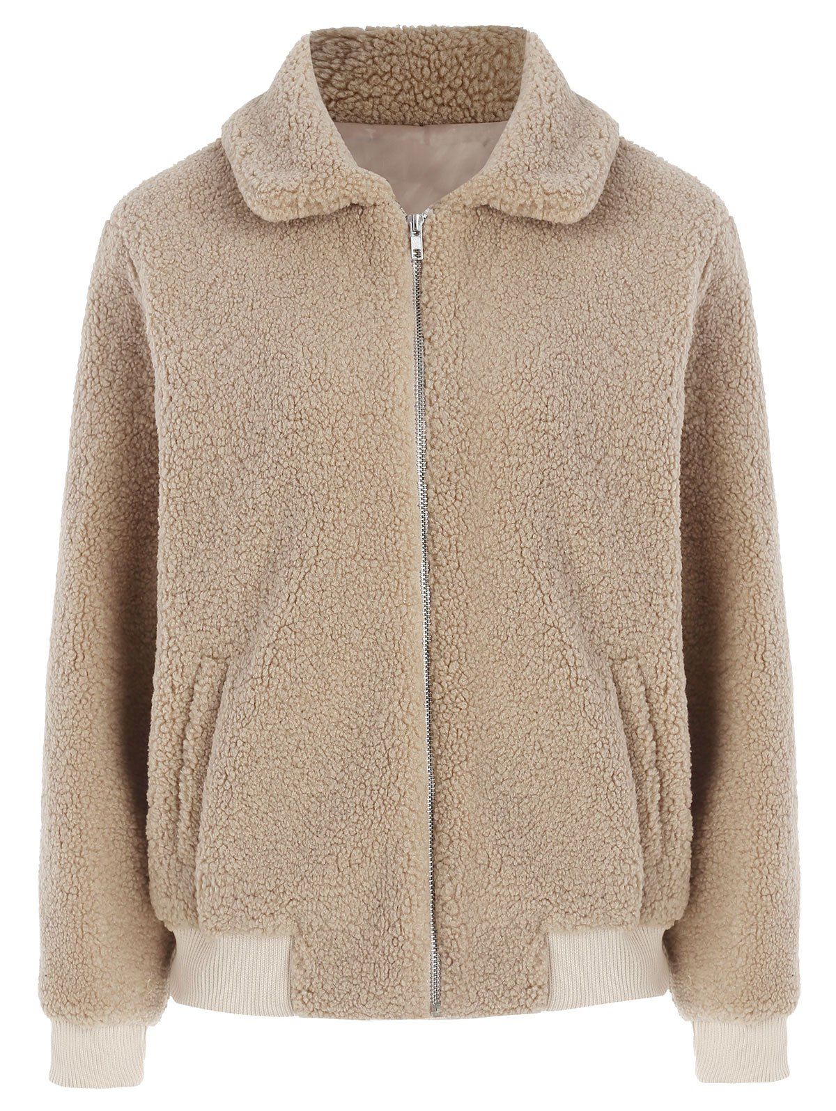 

Zip Up Faux Lamb Coat with Pocket, Tan