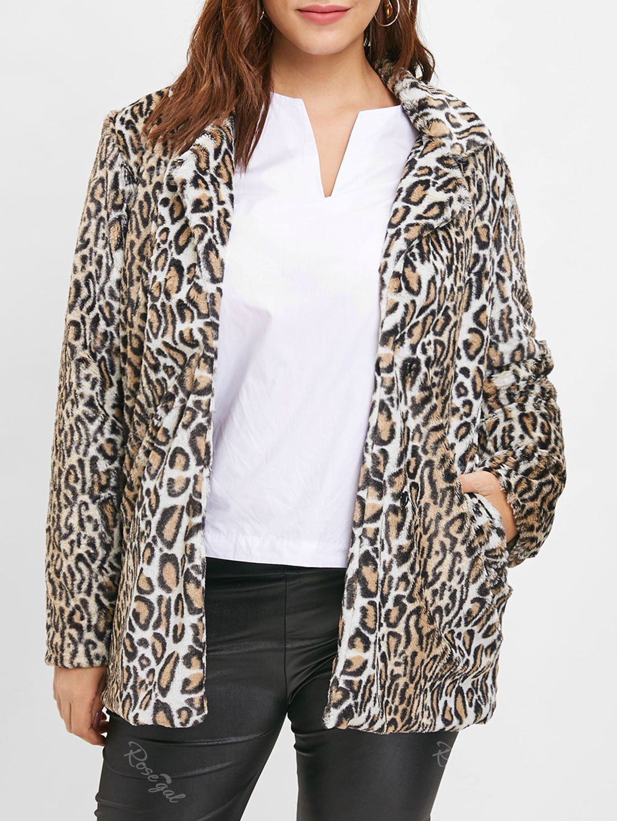 

Turn Down Collar Plus Size Leopard Print Coat